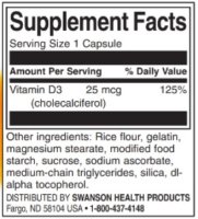 Swanson Vitamin D3 - 1000 IU - 30 Kapsel